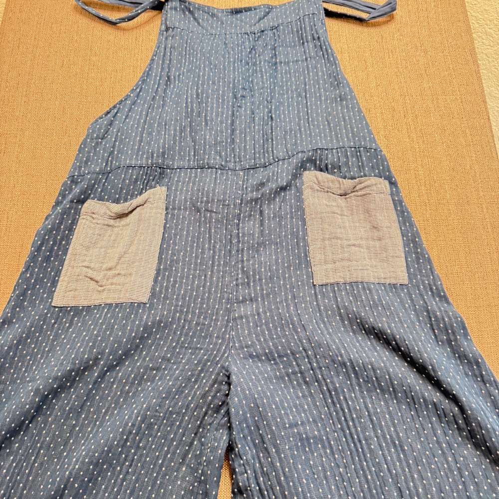 Natural Life Blue Swiss Dot Gauze Jumper Jumpsuit XXL Boho Tie Strap Pockets
